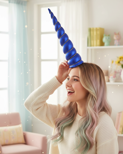 blue unicorn horn cosplay prop - in-use