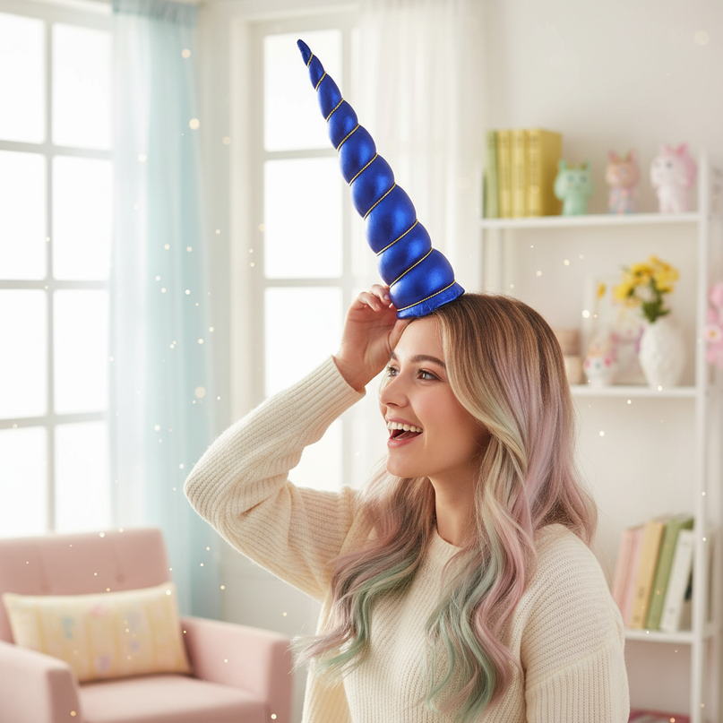 blue unicorn horn cosplay prop - in-use