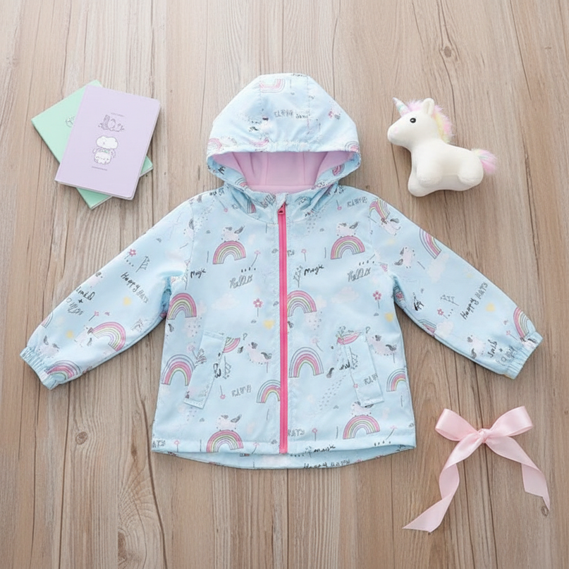 blue unicorn jacket - flat-lay