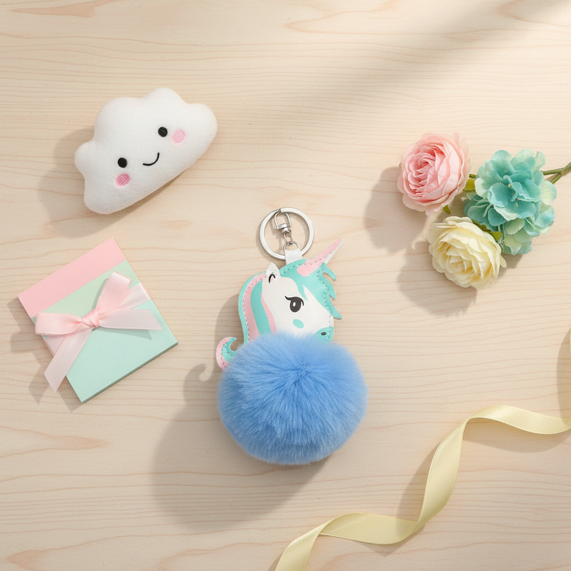 blue unicorn keychain - flat-lay
