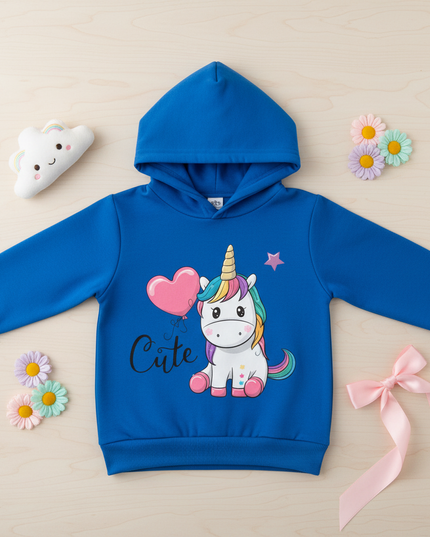 blue unicorn kids pullover hoodie - flat-lay