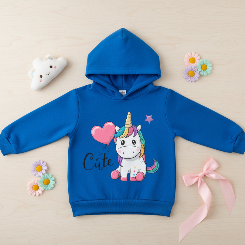 blue unicorn kids pullover hoodie - flat-lay
