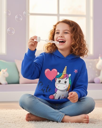 blue unicorn kids pullover hoodie - in-use