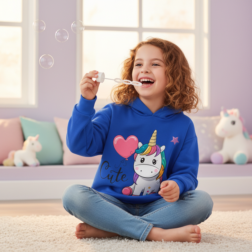 blue unicorn kids pullover hoodie - in-use
