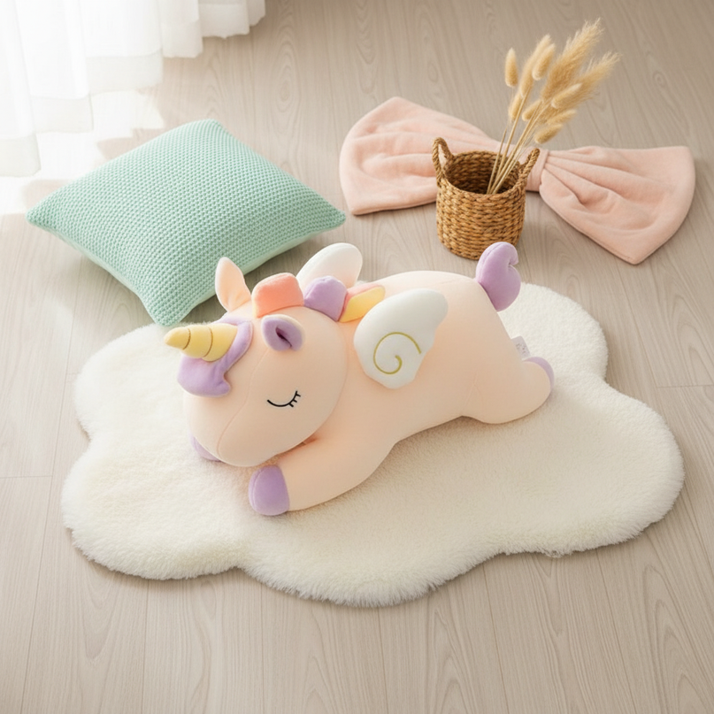 blue unicorn lying plush - flat-lay