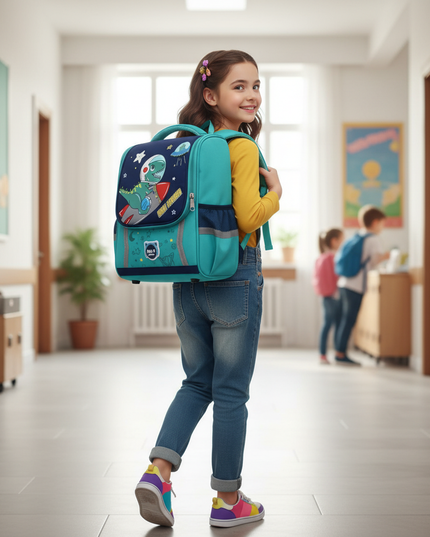 blue unicorn orthopedic school backpack - in-use