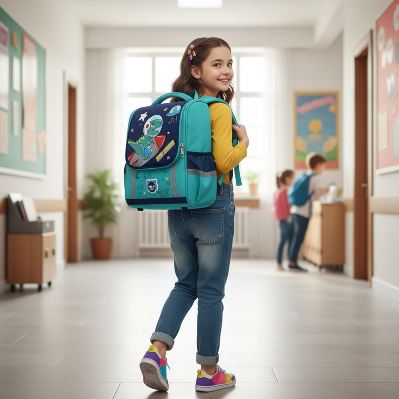 blue unicorn orthopedic school backpack - in-use