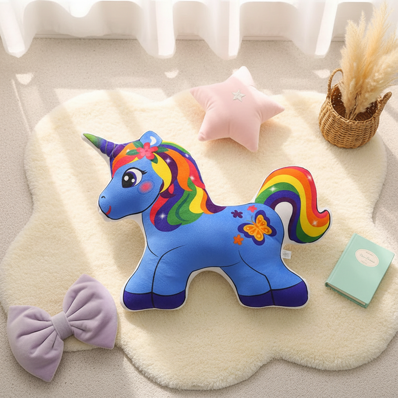 blue unicorn plush pillow - flat-lay