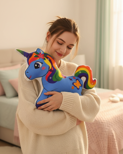 blue unicorn plush pillow - in-use
