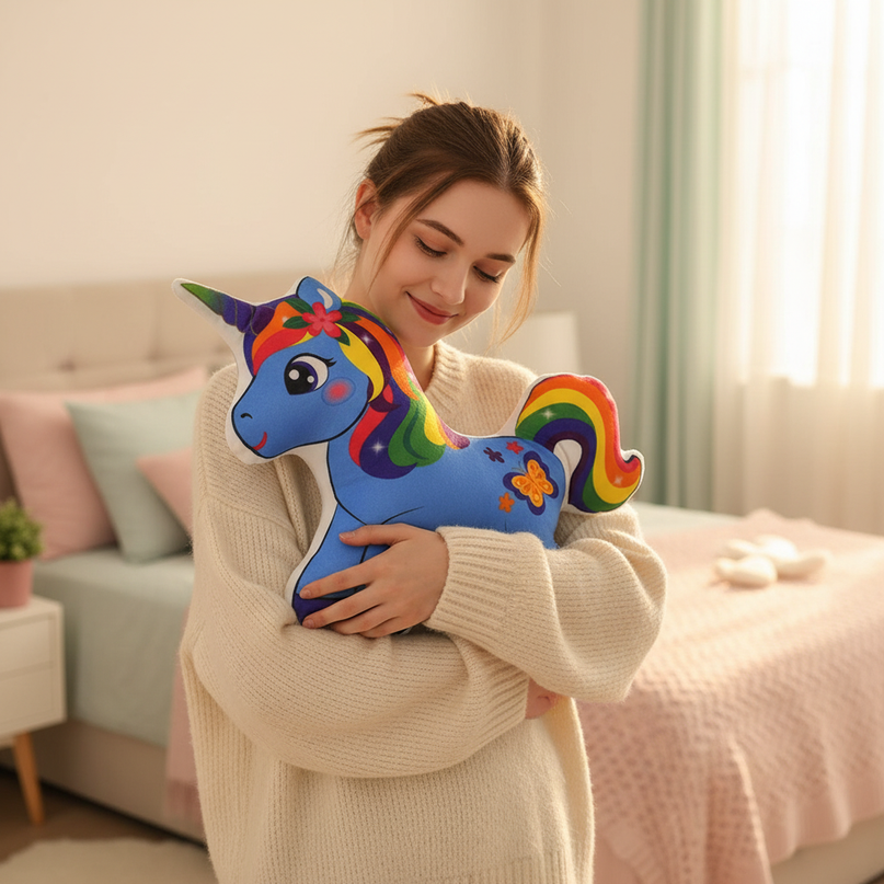 blue unicorn plush pillow - in-use
