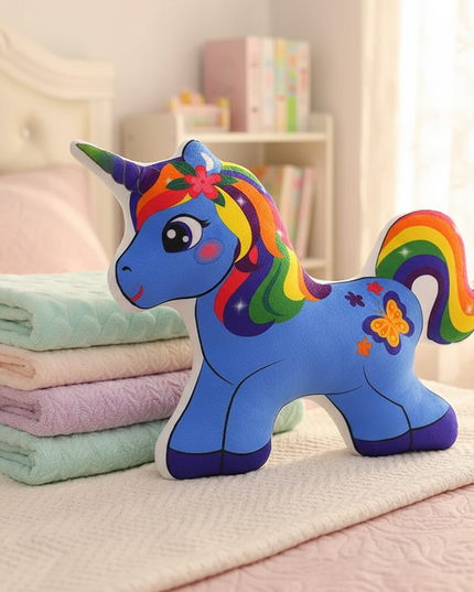blue unicorn plush pillow - lifestyle