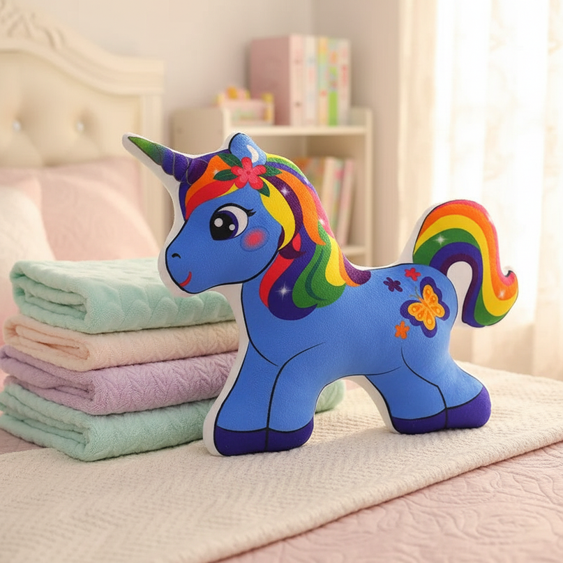 blue unicorn plush pillow - lifestyle