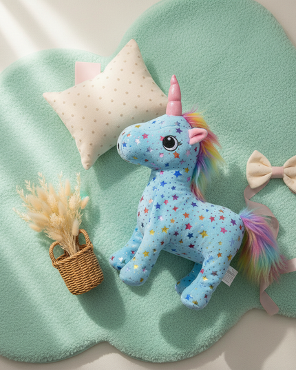 blue unicorn plush toy - flat-lay