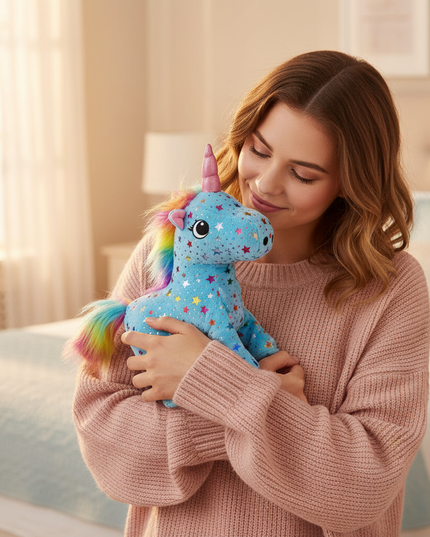 blue unicorn plush toy - in-use