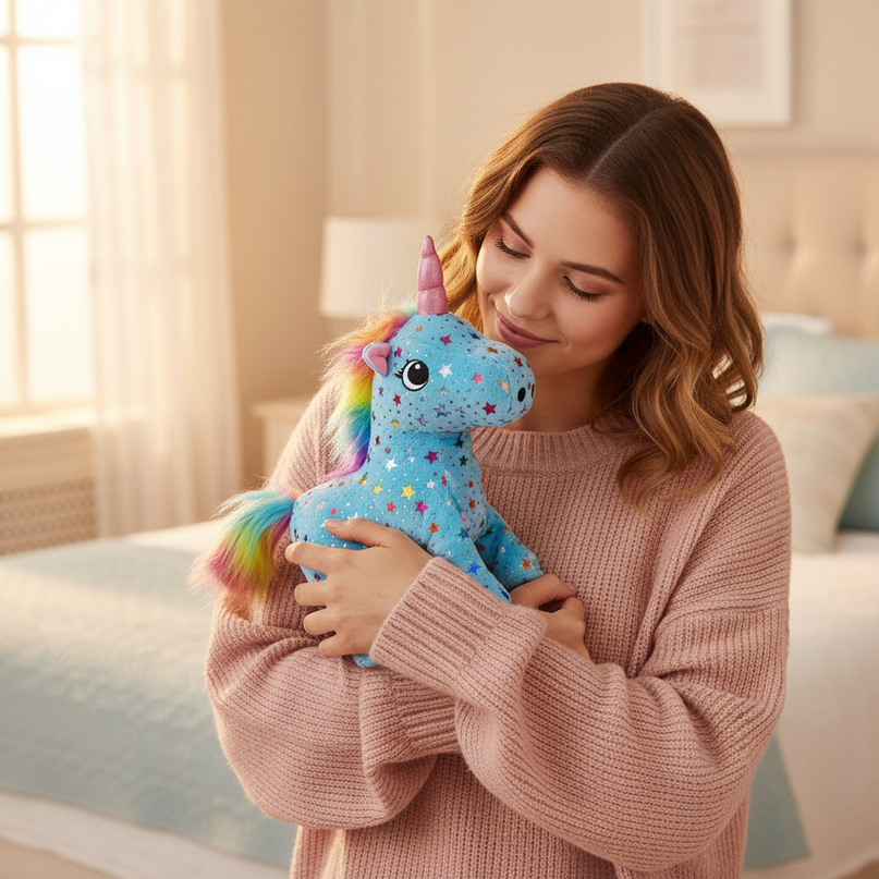 blue unicorn plush toy - in-use