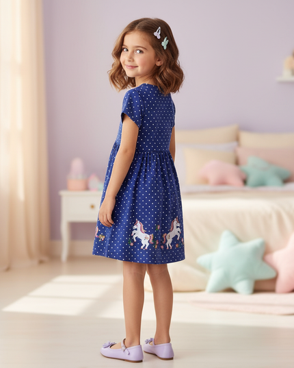 blue unicorn polka dot dress - back