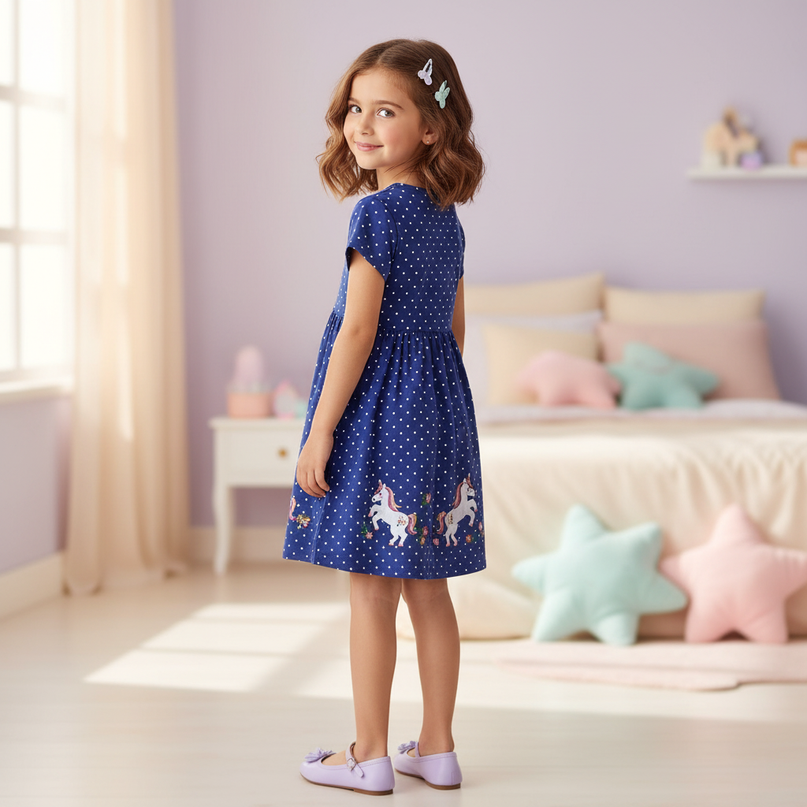 blue unicorn polka dot dress - back