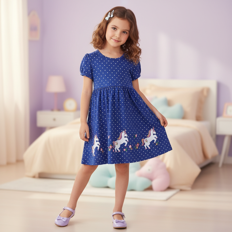 blue unicorn polka dot dress - front