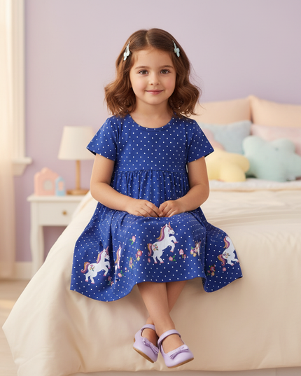 blue unicorn polka dot dress - sitting