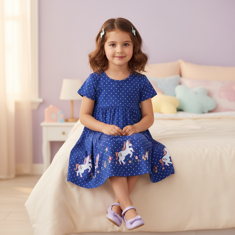 blue unicorn polka dot dress - sitting