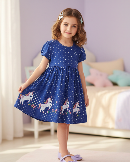 blue unicorn polka dot dress - three-quarter