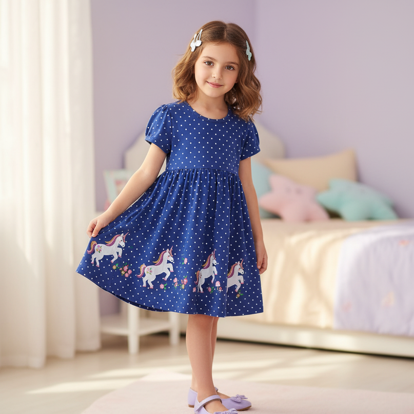 blue unicorn polka dot dress - three-quarter