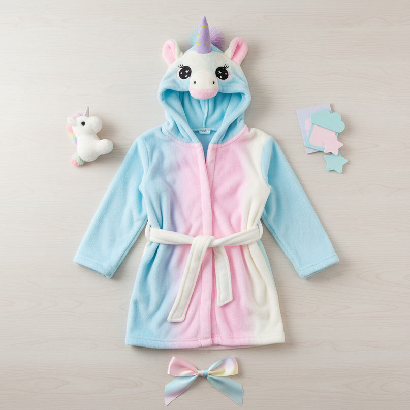 blue unicorn robe - flat-lay