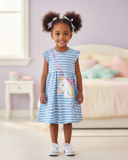 blue unicorn ruffle cotton dress - detail