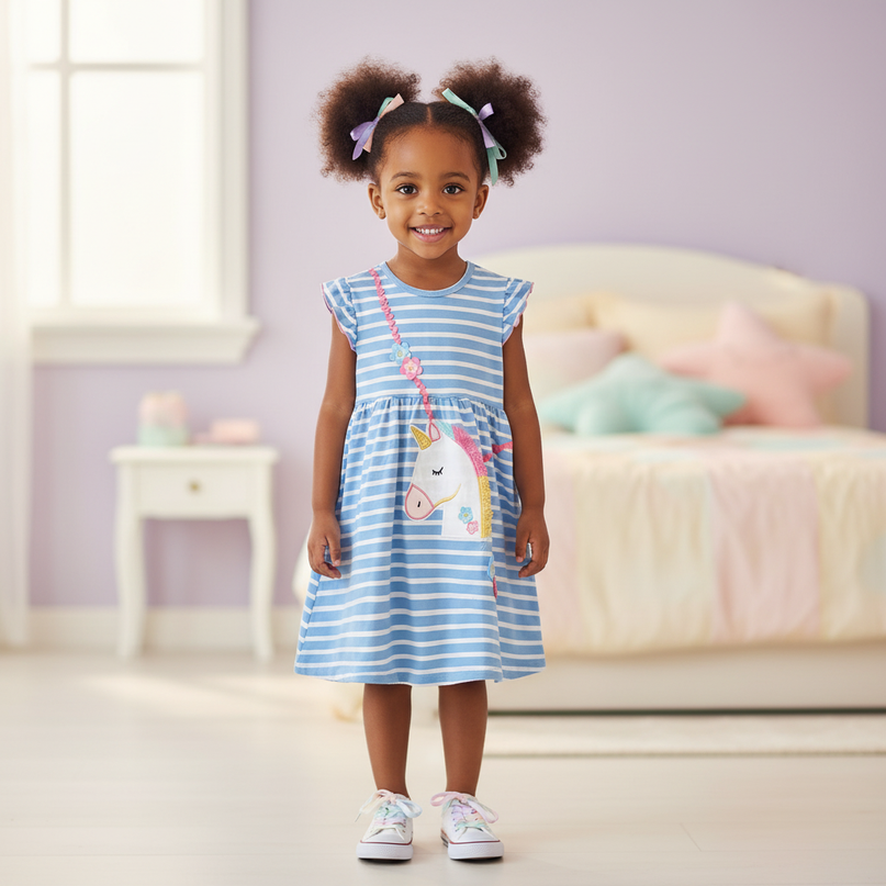 blue unicorn ruffle cotton dress - detail