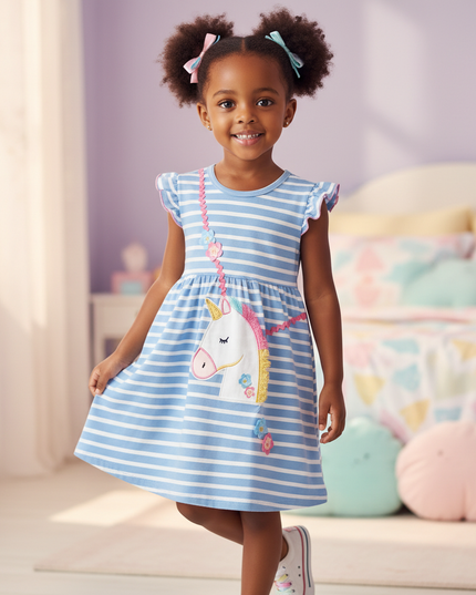 blue unicorn ruffle cotton dress - front