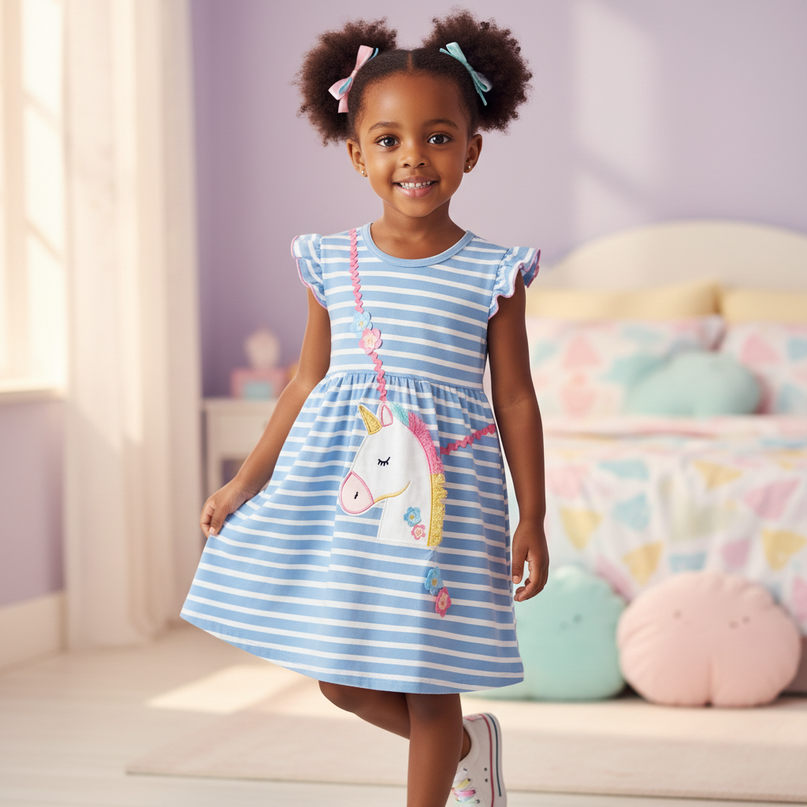 blue unicorn ruffle cotton dress - front
