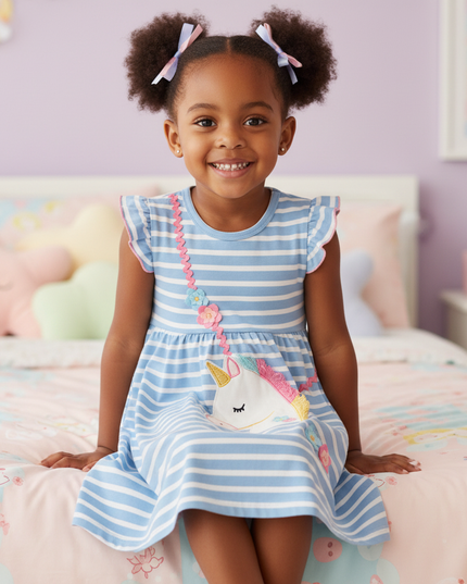 blue unicorn ruffle cotton dress - sitting