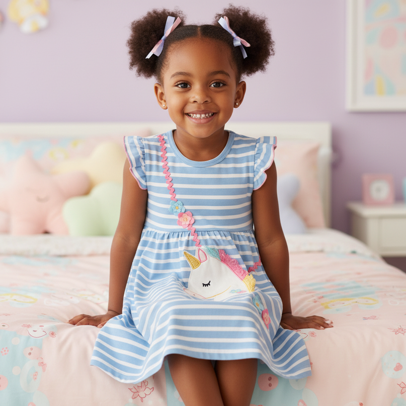 blue unicorn ruffle cotton dress - sitting