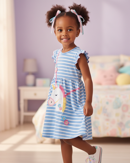 blue unicorn ruffle cotton dress - three-quarter