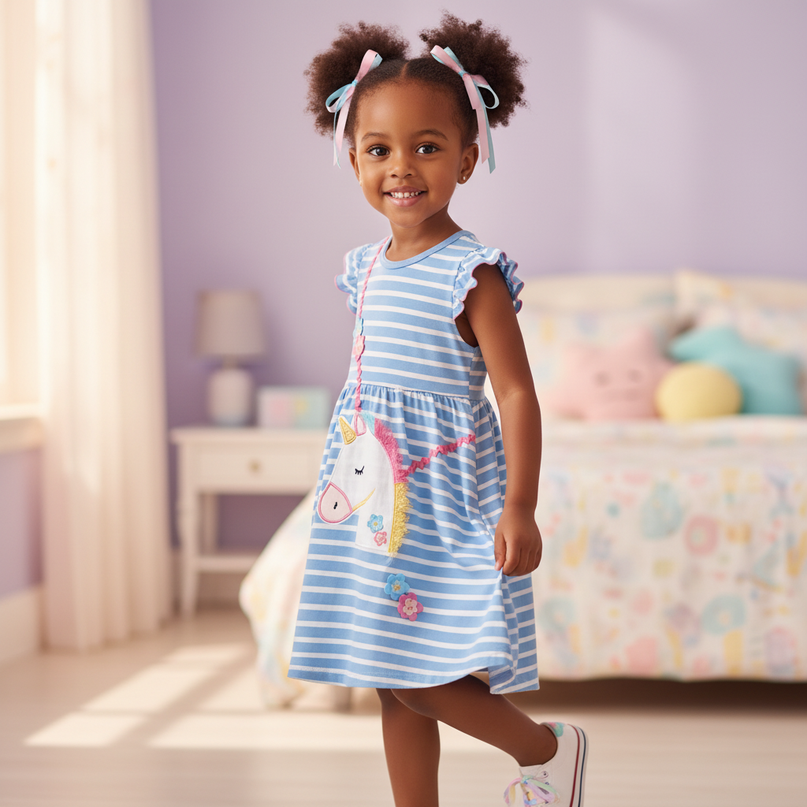 blue unicorn ruffle cotton dress - three-quarter