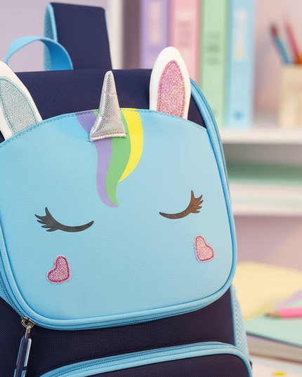 blue unicorn school backpack small - detail
