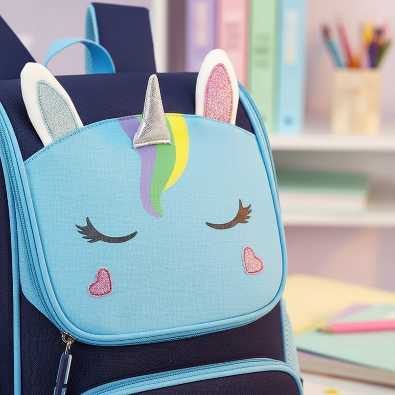 blue unicorn school backpack small - detail
