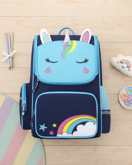blue unicorn school backpack small - flat-lay