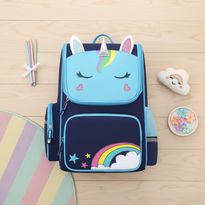 blue unicorn school backpack small - flat-lay