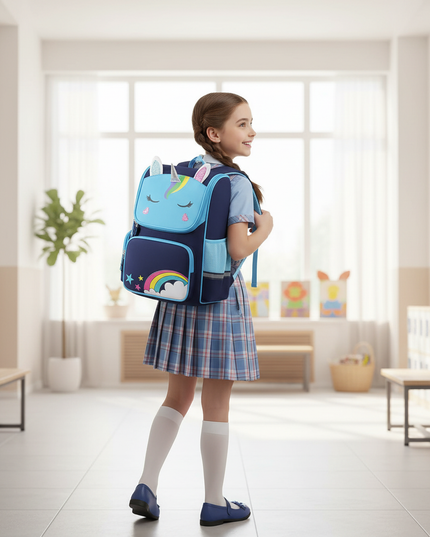 blue unicorn school backpack small - in-use