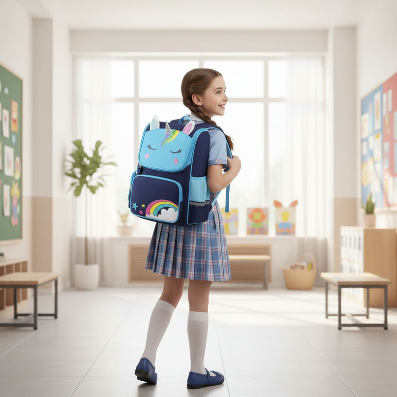blue unicorn school backpack small - in-use