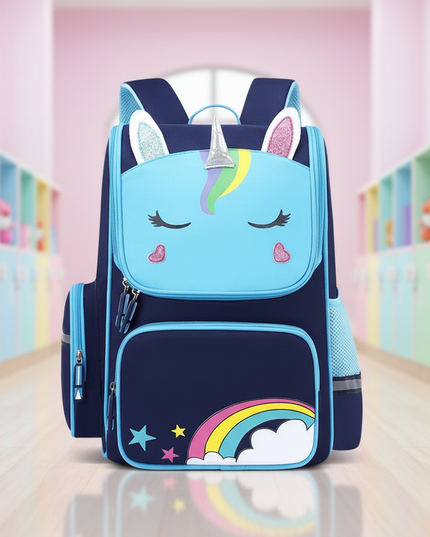 blue unicorn school backpack small - lifestyle