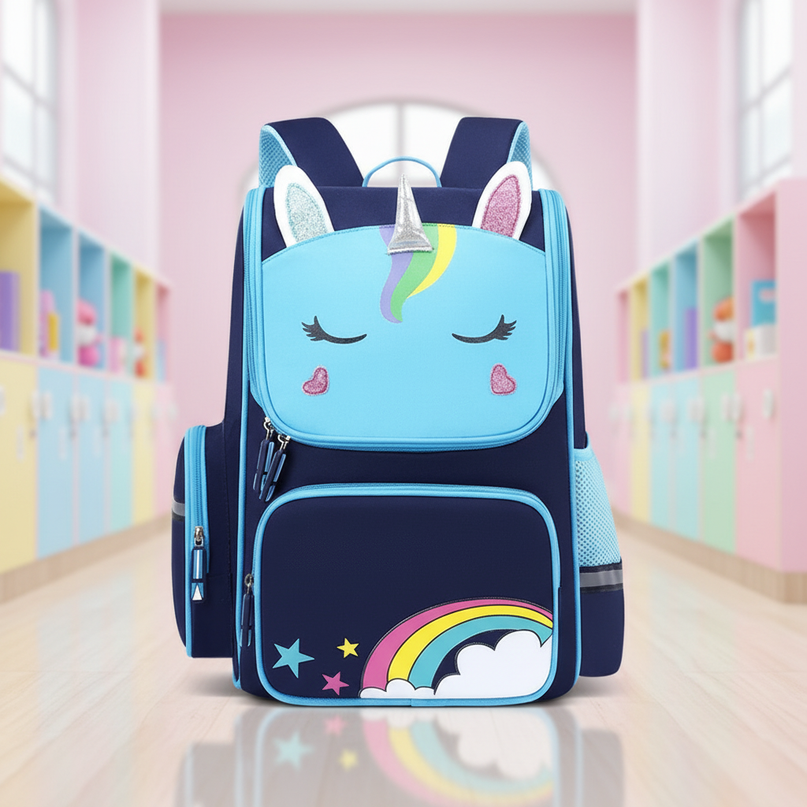 blue unicorn school backpack small - lifestyle