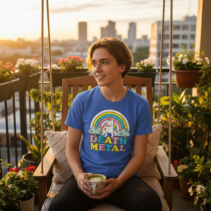 blue unicorn shirt - in-use