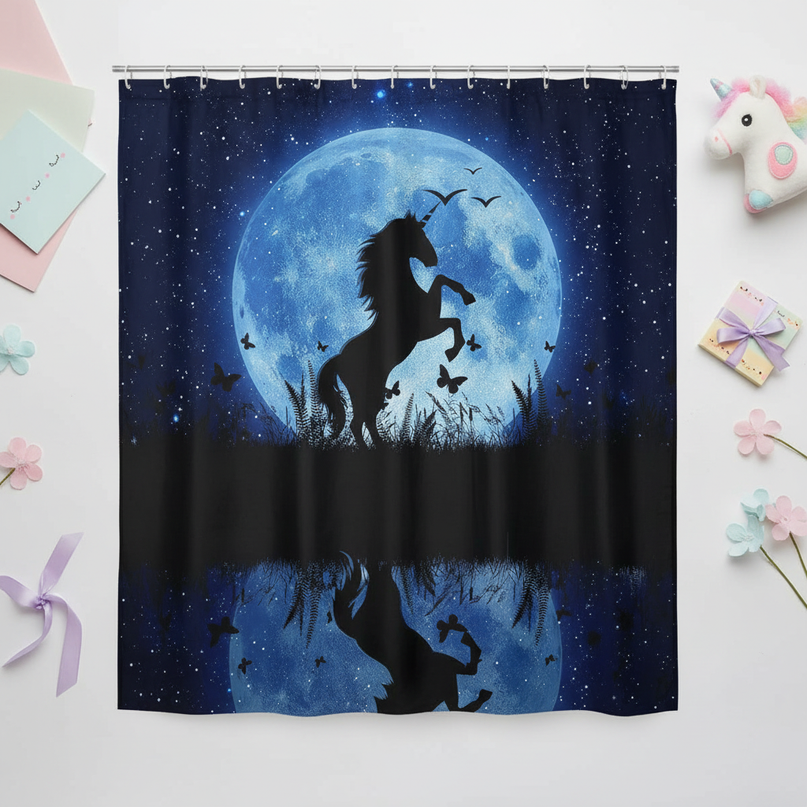 blue unicorn shower curtain - flat-lay