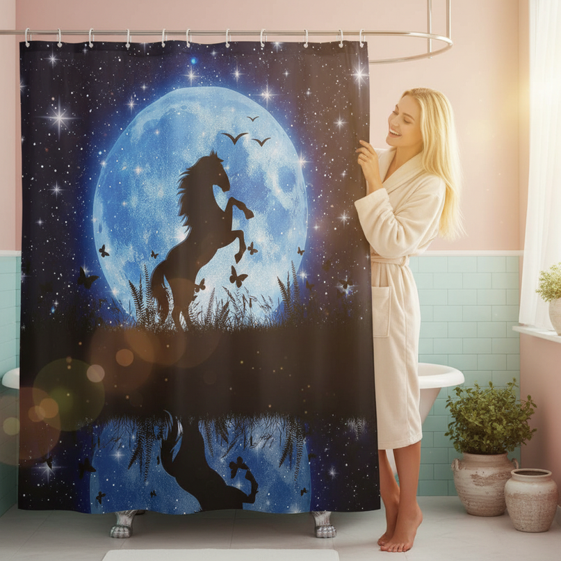 blue unicorn shower curtain - in-use