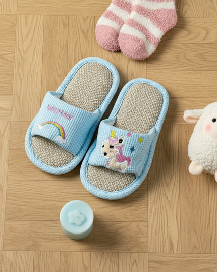 blue unicorn slippers - flat-lay