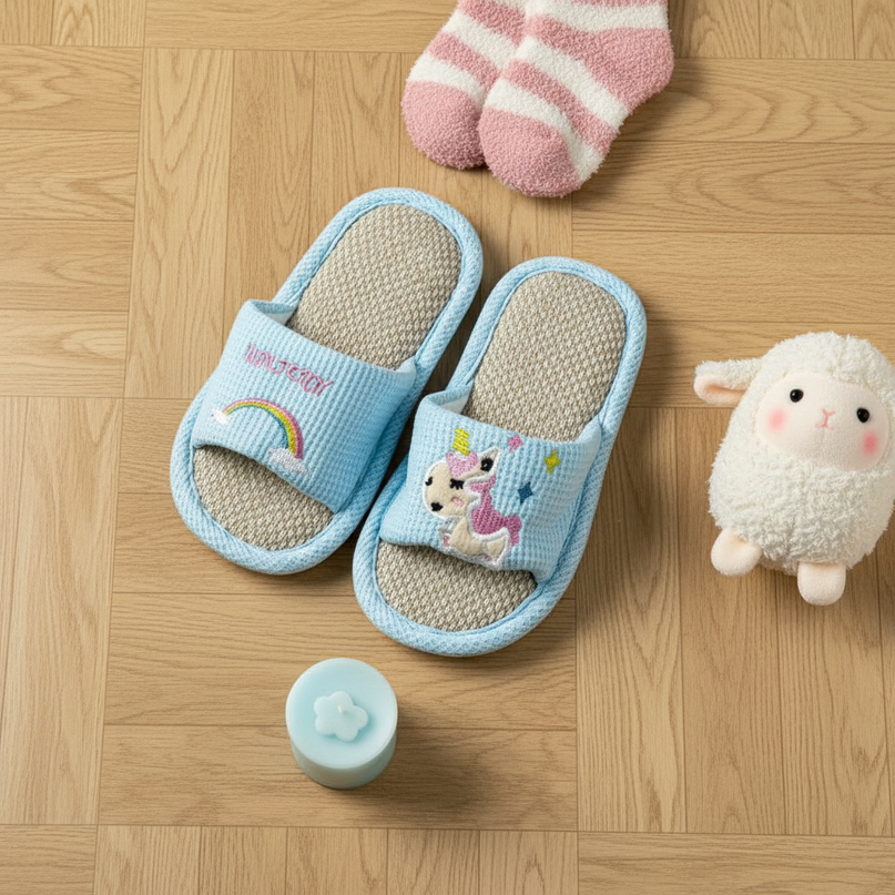 blue unicorn slippers - flat-lay