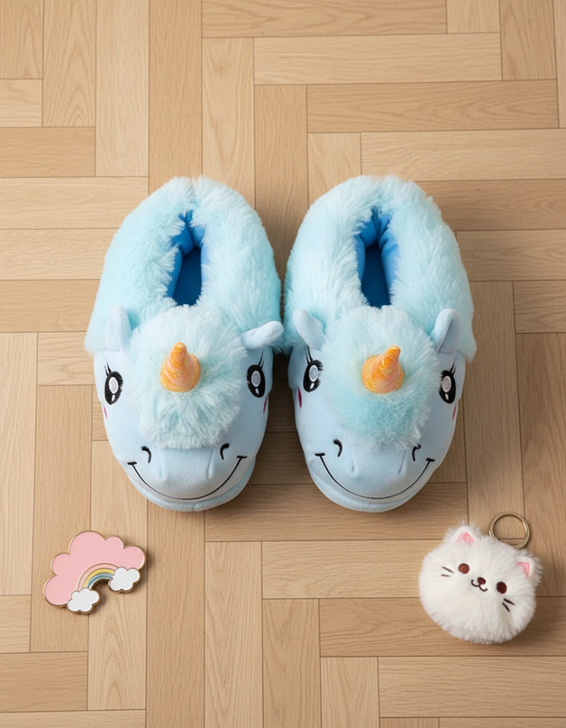 blue unicorn slippers - flat-lay