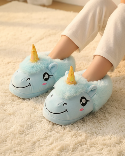 blue unicorn slippers - in-use